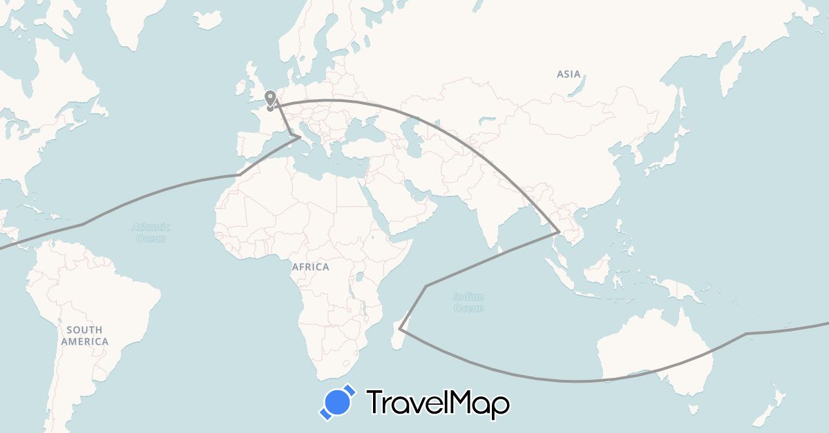 TravelMap itinerary: driving, plane in Belgium, France, Italy, Morocco, Madagascar, Seychelles, Thailand (Africa, Asia, Europe)